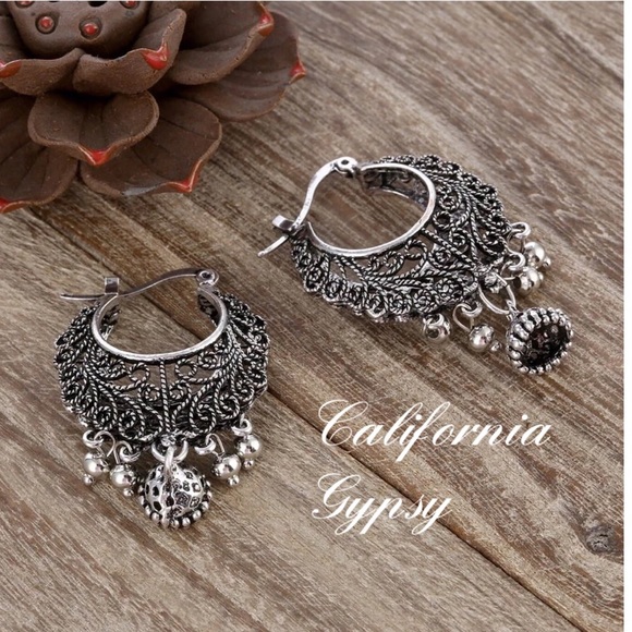 Gypsy boho etched scroll bell earrings - Picture 4 of 6